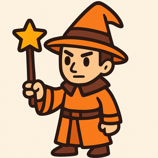 Mago con sombrero naranja y marrón sin barba con varita con estrella, de cuerpo entero.
In-Game asset.  2d.  High contrast.  No shadows