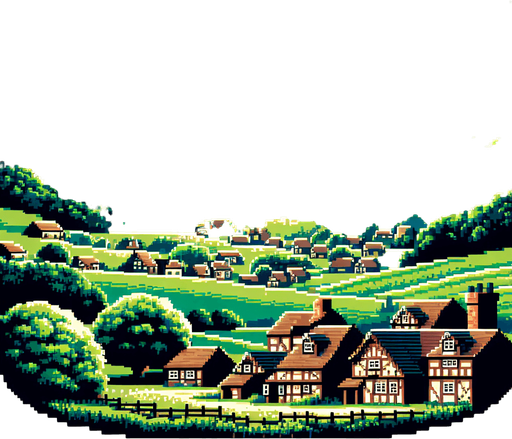 A 16 bit pixel art horizon line of a pastural hobbit village. A beautiful verdant village in the distance with rolling hills and blue skies.
Single Game Texture. In-Game asset. 2d. Blank background. High contrast. No shadows.