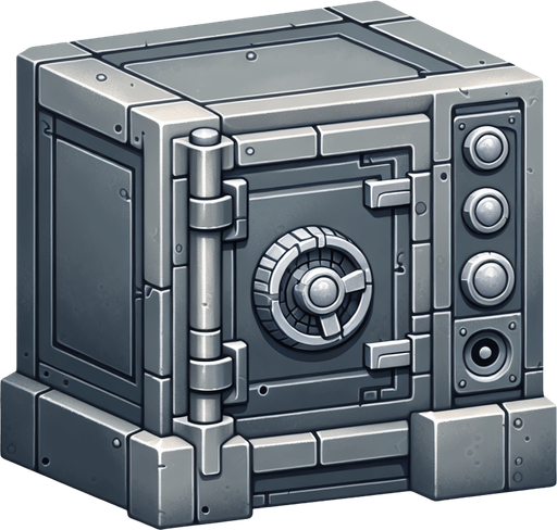 old safe png grey with four buttons on the side.
Single Game Texture. In-Game asset. 2d. Blank background. High contrast. No shadows.