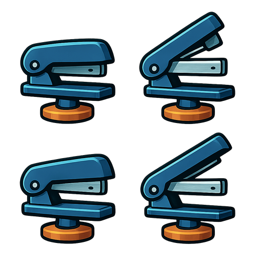 Stapler Turret Sprite Sheet: An office stapler mounted on a simple rotating base images show it opening and closing..
In-Game asset.  2d.  High contrast.  No shadows