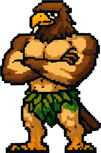 Aguila real furry fuerte cruzando los brazos sin camisa y gran pectoral con un taparrabos de hojas pixeleado todo el cuerpo.
In-Game asset.  2d.  High contrast.  No shadows