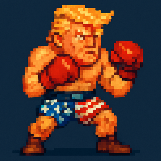 pixel streetfighter style blonde american fighter, looked like donald trump, with american flag short, and boxing gloves