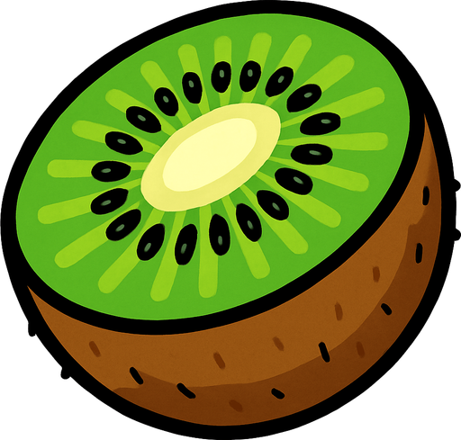 Kiwi Fruta cortado por la mitad.
In-Game asset.  2d.  High contrast.  No shadows. Cartoon.