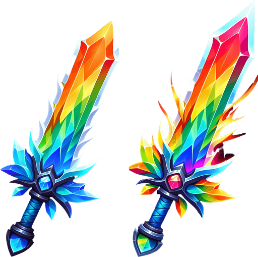create a rainbow sword.
Single Game Texture.  In-Game asset.  2d.  Blank background.  High contrast.  No shadows