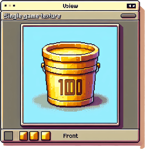 golden bucket with 100 text on it. front view. 
Single Game Texture. In-Game asset. 2d. Blank background. High contrast. No shadows. pixel. 8 bit