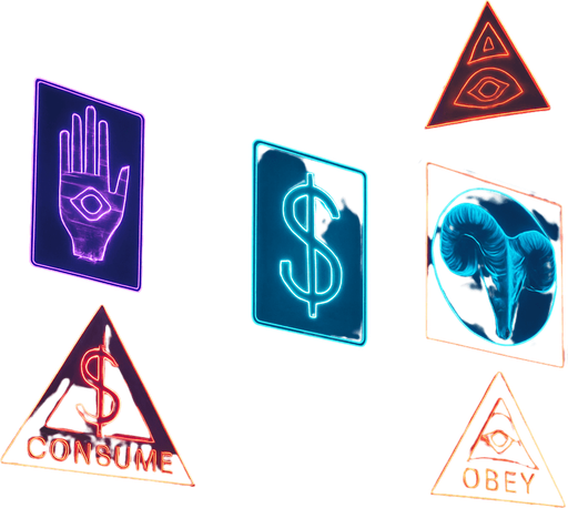 Neon cyberpunk skyscraper occult corporate logos-mixed with dark esoteric sigils capitalist subliminal commands 3d holograms billboards projections brutalist sleek architecture futuristic architecture multidimensional towering city spires glowing