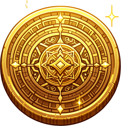 Gold coin with design in the center.
Single Game Texture.  In-Game asset.  2d.  Blank background.  High contrast.  No shadows