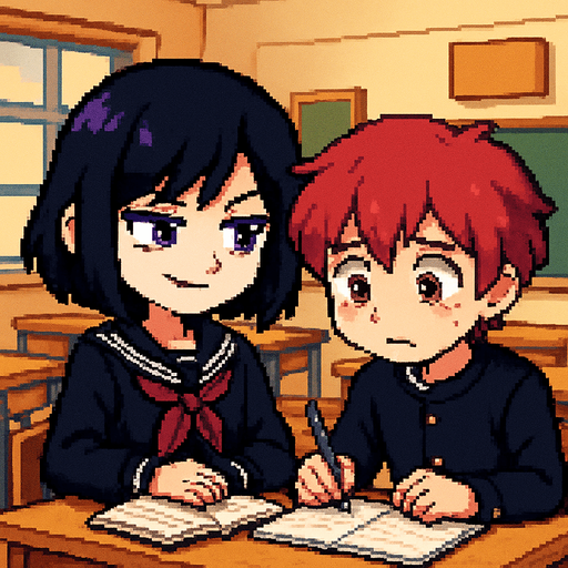 A cute anime-style girl in pixel art, with an emo aesthetic, striking purple eyes, and a classic Japanese school uniform (sailor fuku), is studying with furrowed brows and a confident smile. She sits next to a shy red-haired boy with red eyes, also in pixel art style. Their desks are pushed together, and on the boy’s desk lies an open notebook, which he nervously stares at while holding a graphite pencil. The girl looks at him with a mix of sternness and confidence, convinced he won’t pass the exam. The background depicts a typical Japanese classroom.