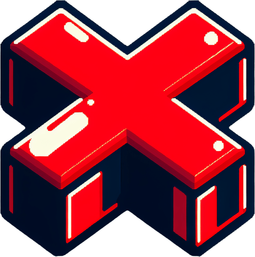 Big red X button for a game gui. 8-bit art style..
Single Game Texture. In-Game asset. 2d. Blank background. High contrast. No shadows.