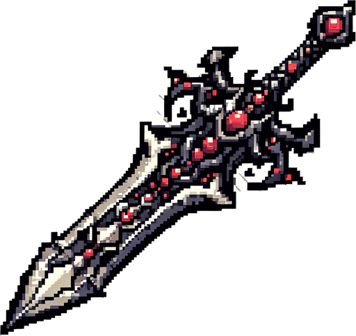 pixel art of an evil fantasy sword facing downward. Minor red details.
Single Game Texture. In-Game asset. 2d. Blank background. High contrast. No shadows.