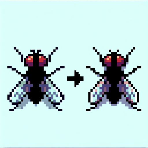 Genera una mosca mirando hacia la iziquierda en pixel art.
Single Game Texture.  In-Game asset.  2d.  Blank background.  High contrast.  No shadows