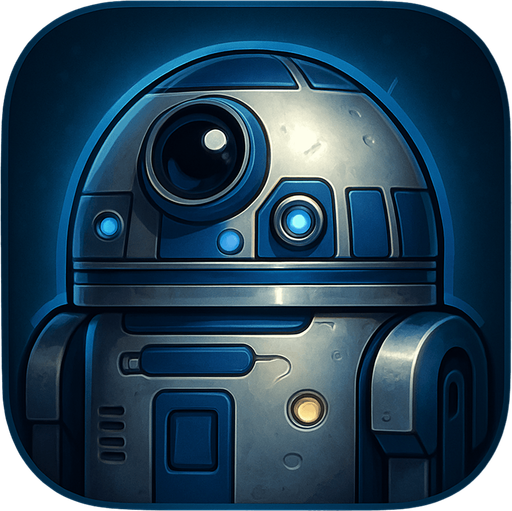 A stylized app or game icon featuring the head of a compact, dome-shaped sci-fi droid. The droid has a shiny metallic silver and blue color scheme, a round central photoreceptor "eye," and various small lights, sensors, and panels. The design is friendly and futuristic, with clean mechanical details and a slightly worn metallic finish. The background is dark or softly glowing with blue tones, highlighting the droid’s silhouette. Square or circular layout, 1024x1024 resolution, high detail, concept art style. Inspired by classic sci-fi utility robots, fully original and suitable for use without copyright concerns..
In-Game asset.  2d.  High contrast.  No shadows
