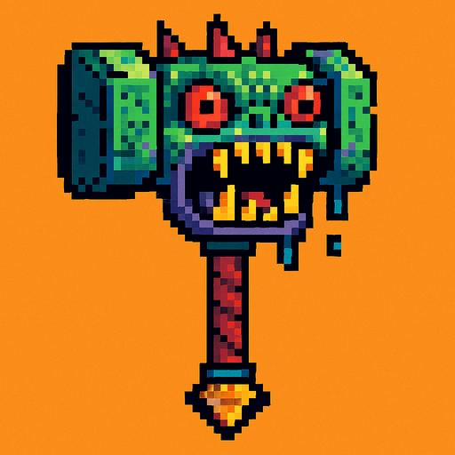 martillo mounstroso de pixeles.
In-Game asset.  2d.  High contrast.  No shadows