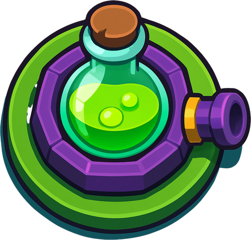 Crea la Torre Poison en un estilo 2D renderizado, limpio y cartoonish, con contornos claros y definidos, colores vibrantes con transiciones suaves, y sombreado que da volumen a sus superficies superiores.
La perspectiva debe ser VISTA CENITAL (totalmente desde arriba). Esto significa que la torre se verá como si estuviera siendo observada directamente desde arriba, con los detalles de su parte superior siendo prominentes.
La base de la torre debe ser circular para permitir un movimiento de cañón cómodo. La salida del veneno o el cañón debe apuntar hacia la DERECHA.
La torre debe tener un perfil bajo y la menor cantidad de relieve vertical posible para facilitar una rotación fluida en la animación..
In-Game asset.  2d.  High contrast.  No shadows