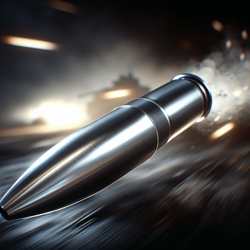 A high-speed enemy bullet in mid-flight, with a sleek, metallic surface reflecting light. The bullet is slightly blurred, showing its incredible speed and motion, cutting through the air. The background shows a dark, intense battlefield, with flashes of gunfire and smoke in the distance. The bullet leaves behind a small trail of air distortion or vapor, emphasizing its rapid movement. It has a sharp, pointed tip and appears to be shot from a modern military rifle, with its design sleek and aerodynamic..
Single Game Texture. In-Game asset. 2d. Blank background. High contrast. No shadows.
