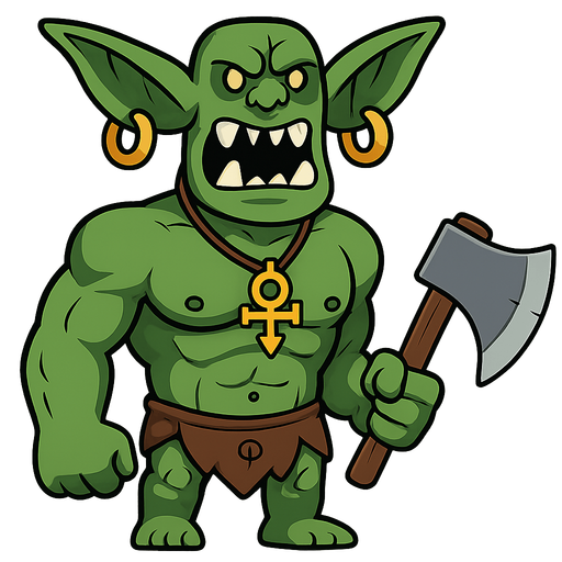 koca dişli kocaman kulaklarında ki kocaman altın küpelerle kaslı vücudundaki koca göğüslerindeki priceng'i ile yeşil çirkin ork. elinde de balta. No background. Transparent background. Blank background. No shadows. 2d. In-Game asset. flat