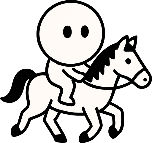 White simple circular enemy seen from above, black outline. Black eyes, on a white horse. Black and white only. Blue background.