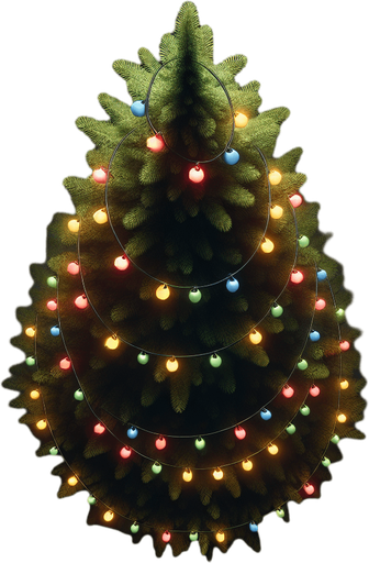 Photorealistic pine tree in night light with color lightbulbs, top view