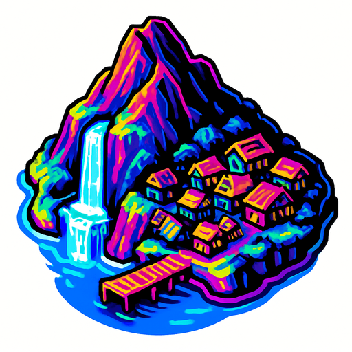 A small island centered with a large mountain taking up most of it with a waterfall on the south side and a fishing village just below it. Under the fishing village is a harbor with a single empty dock. The dock extends into a half open bay. 80s arcade machine inspire high definition graphics with 80s colored highlights. White background. Top down 3/4 view. 
In-Game asset.  2d.  High contrast.  No shadows