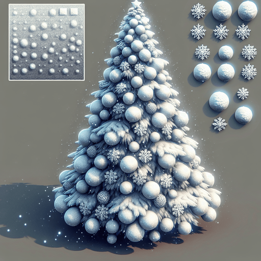 A snowcovered christmas tree decorated with snowballs..
Single Game Texture. In-Game asset. 2d. Blank background. High contrast. No shadows.