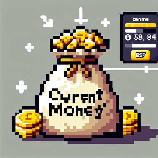 Genera una bolsa de monedas de oro que diga "current money" en pixel art.
Single Game Texture.  In-Game asset.  2d.  Blank background.  High contrast.  No shadows