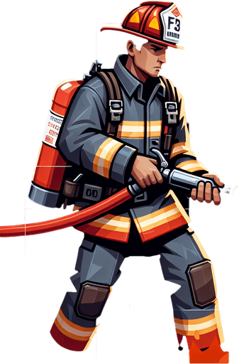 firefighter using fire extinguisher
Single Game Texture.  In-Game asset.  2d.  Blank background.  High contrast.  No shadows