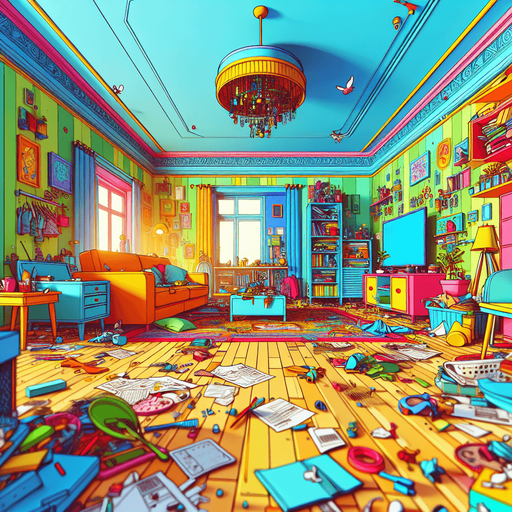 dağınık bir oturma odası, odanın içinden görünüm. 3d renkli anime, çizgi film