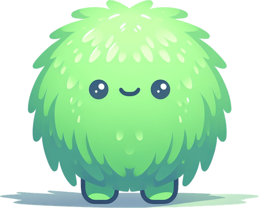 a green furry cuddly ball of fur. little feet. No ears. cute happy face. Cartoon style. Cute art style. Simple vector style. Pastel colors, flat shaded, vector art. Single Game Texture. In-Game asset. 2d. Blank background. High contrast. No shadows