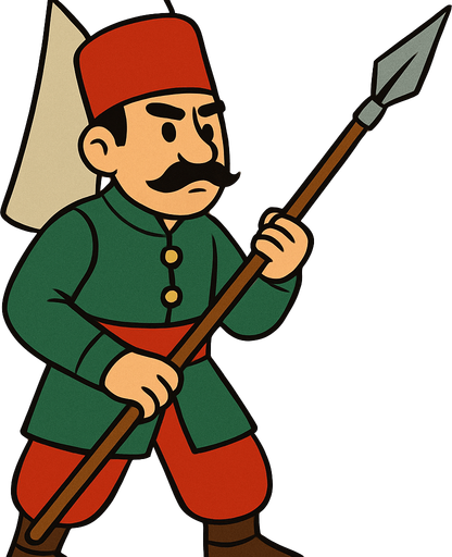 Animasyon çizgi dizi tarzında bir Osmanlı mızrakçısı.
In-Game asset.  2d.  High contrast.  No shadows