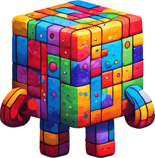 A little cube person. 2 legs. back to viewer. facing 45 degrees to the right. multicoloured skin, cartoon style.  Holding a big arrow point at 45 degress up