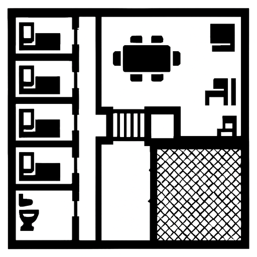 a top down white black theme prison. In-Game asset. 2d. High contrast. No shadows.
In-Game asset.  2d.  High contrast.  No shadows