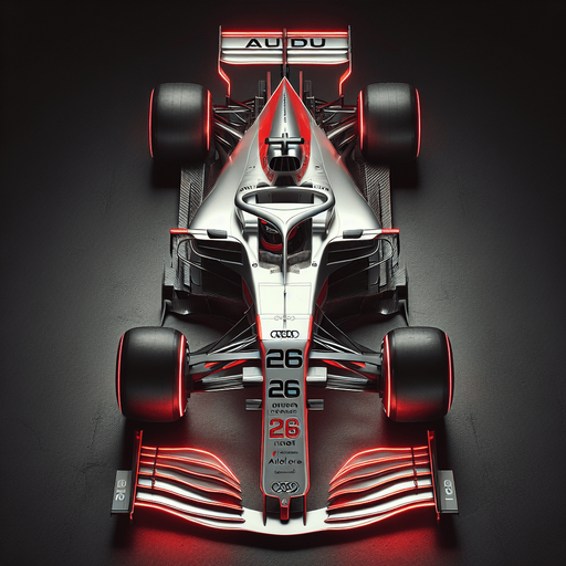 Photorealistic AUDI F1 race car, top view. 
Hex Color Code: #FF2A1B
Silver body with black stripes.
Luminous bright red rear wing and front wing, 
Audi's 4 piece of white ring on rear wing. 
White ,,Aidu Sport" text on front wing. 
red 26 number on nose.