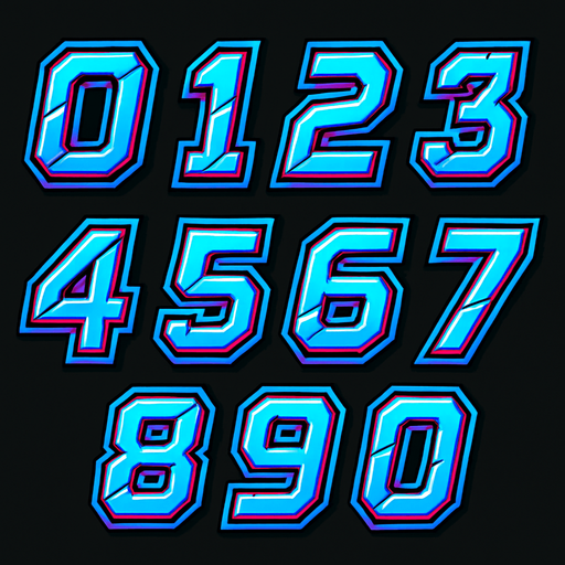 Display icons of Numbers 0 to 9 in SciFi comic style font.
In-Game asset.  2d.  High contrast.  No shadows