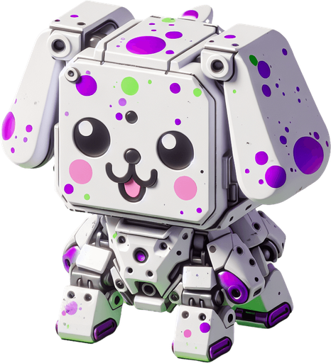 3d kawaii robotic puppy white colour with purple and green. Single Game Texture. In-Game asset. 2d. Blank background. High contrast. No shadows..
Single Game Texture. In-Game asset. 2d. Blank background. High contrast. No shadows.