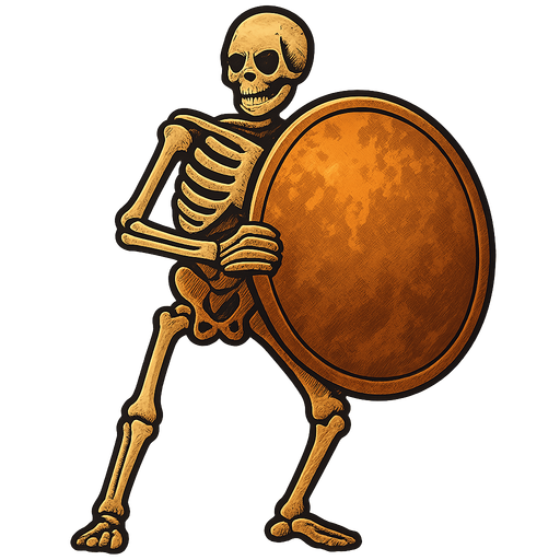 Skeleton holding a big copper shield with both hands.
In-Game asset.  2d.  High contrast.  No shadows