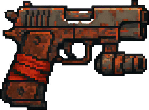 Pistol post apocalyptic world pixel art less pixel.
In-Game asset.  2d.  High contrast.  No shadows