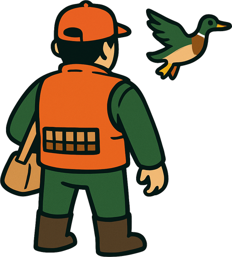 Duck hunter without gun from behind of him.
In-Game asset.  2d.  High contrast.  No shadows