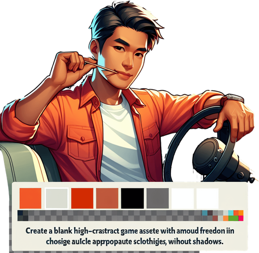 Draw a man in a colorful image with a toothpick in his mouth and behind the steering wheel..
Single Game Texture. In-Game asset. 2d. Blank background. High contrast. No shadows.