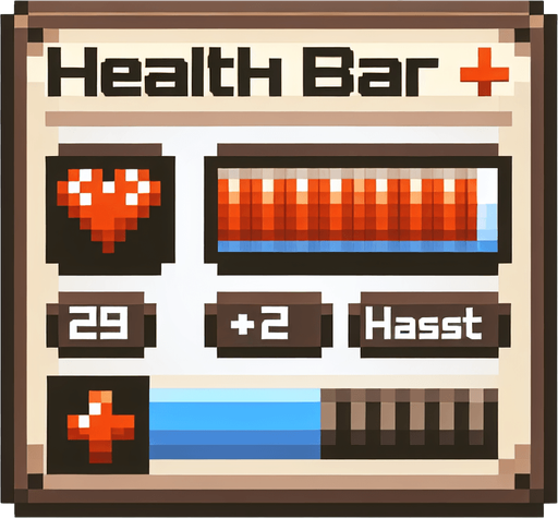 create a 2d pixel healthbar.
Single Game Texture. In-Game asset. 2d. Blank background. High contrast. No shadows.