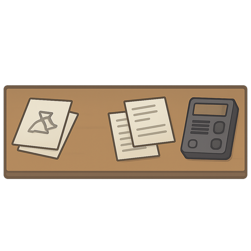 2d top view of a long, rectangular table. On the table are papers, some documents and a radio
. No background. Transparent background. Blank background. No shadows. 2d. In-Game asset. flat