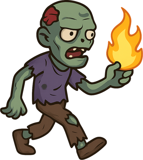 zombie with fire in hand. No background. Transparent background. Blank background. No shadows. 2d. In-Game asset. flat