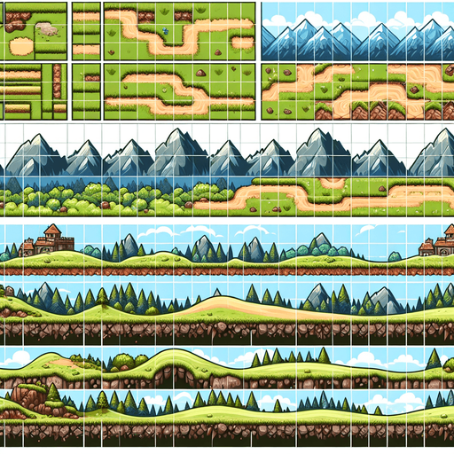 A tilesheet showing different terrains for the ground and platforms in an endless runner game. Some segments should be horizontal, while some should be going slightly uphill or downhill. Each segment should be approximately the same length, and they should have similar textures that allow them to more or less seamlessly be pieced together to form larger stretches. The tileset should only include the ground segments and not any backgrounds. Mountaineous, grassy, medieval fantasy..
Single Game Texture. In-Game asset. 2d. Blank background. High contrast. No shadows.