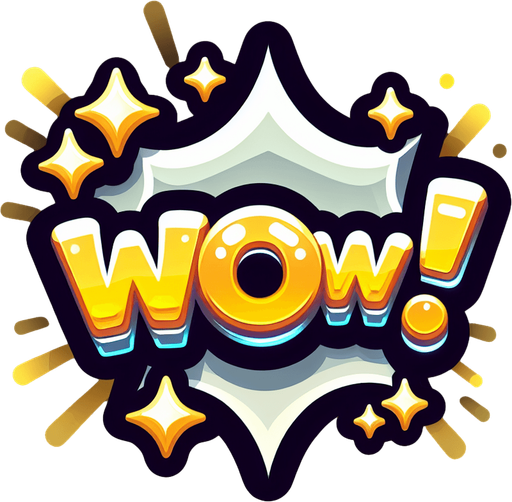 game success graphic, surprised cartoon shiny words, "WOW!".
Single Game Texture. In-Game asset. 2d. Blank background. High contrast. No shadows.