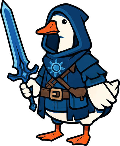 An Emden Goose in Blue Sun Treasure Hoarder Outfit with Blue Sun Long Sword.
In-Game asset.  2d.  High contrast.  No shadows