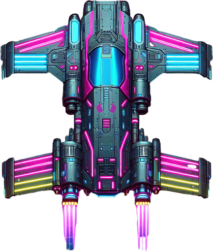 Neon cyberpunk flying car.
Single Game Texture.  Blank background.  High contrast.  No shadows. Top-down