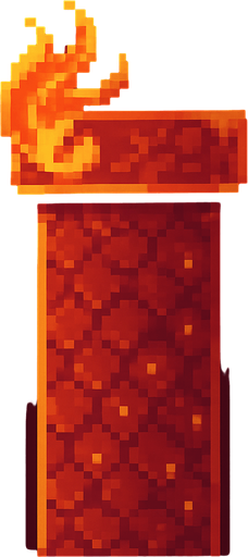 A single vertical top pipe for a 2D pixel art side-scrolling game with classic Flappy Bird hitbox. The pipe is designed with a dragon theme using red, orange, and gold tones. The pipe surface features subtle dragon scale textures and glowing ember details. Around the opening at the top, there is a stylized flame motif to give a mystical fantasy feel. The pipe is viewed from the side with a clear silhouette suitable for gameplay. The style is cute, retro, and fits a pixel art fantasy game..
In-Game asset.  2d.  High contrast.  No shadows. pixel art. side view. retro. fantasy. dragon theme. red. orange. gold. cute. mystical
