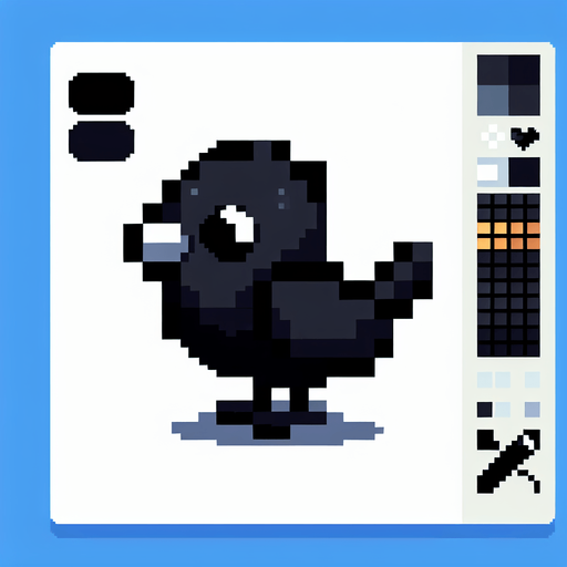 2D Black Pixel Art Bird.
Single Game Texture. In-Game asset. 2d. Blank background. High contrast. No shadows.