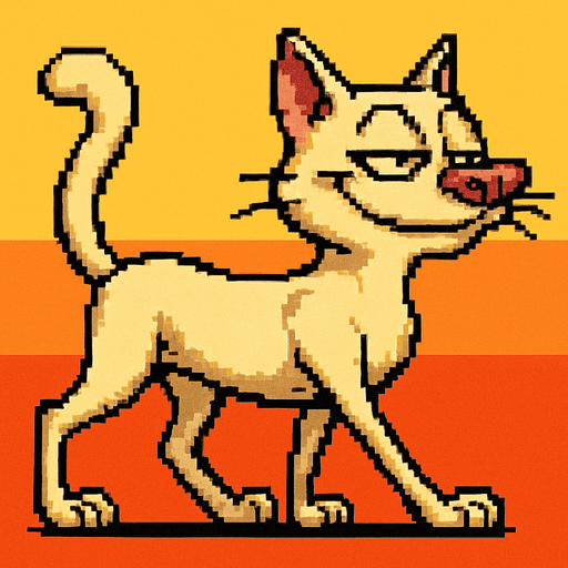 Gato con el estilo pixel art de earthworm jim mezcla con ren y stimpy, gracioso y soberbio pero adorable, caminando en cuatro patas, alto , visto de perfil, es un gato bellisimo de exposicion con pelaje suave y el lo sabe
In-Game asset.  2d.  High contrast.  No shadows