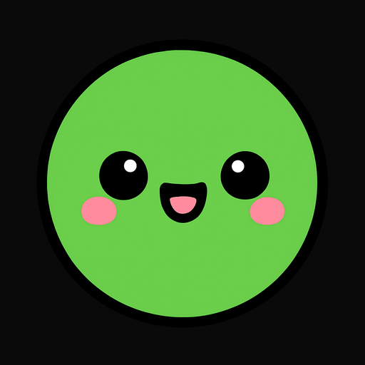 crea la imagen de una pelotita simple con una carita kawai verde.
In-Game asset.  2d.  High contrast.  No shadows