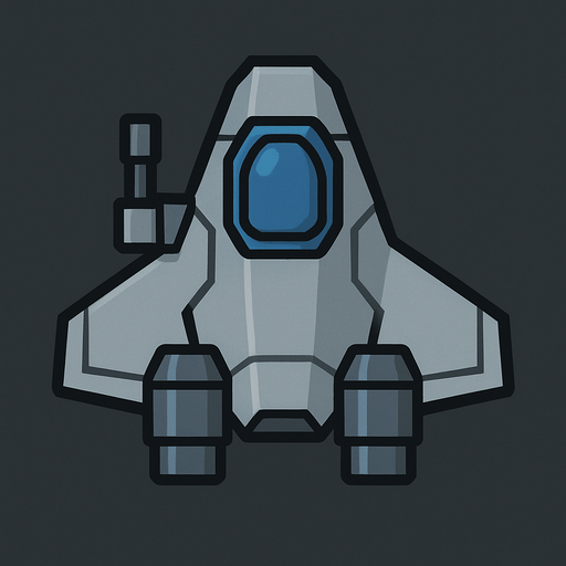 Design a basic 2D top-down spaceship with a compact, angular body and minimal detailing. The ship should have a small central cockpit, two modest rear thrusters, and one weapon mount. Colors are simple — grays and blues — suggesting a utilitarian design. It should look like a beginner’s ship: reliable but not advanced.
In-Game asset.  2d.  High contrast.  No shadows